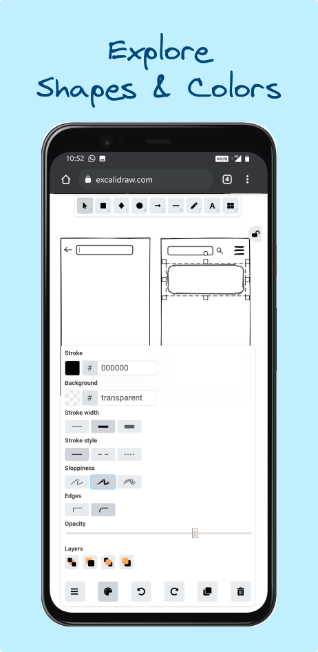 Excalidraw 官方仓库提供的手机图形与样式示例。这是项目配图，不是 Boloop 的设备实测，当前界面可能不同。来源：Excalidraw contributors，MIT。